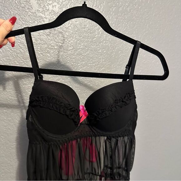 🍄Native intimates black & bright pink bow lingerie babydoll open back top/dress - Picture 7 of 9